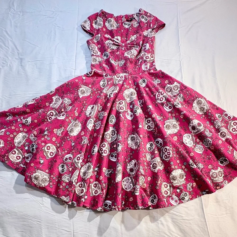 Hell Bunny Sasha Red Sugar Skull Fit Flare Rockabilly Dress XS🧡 - Picture 8 of 12